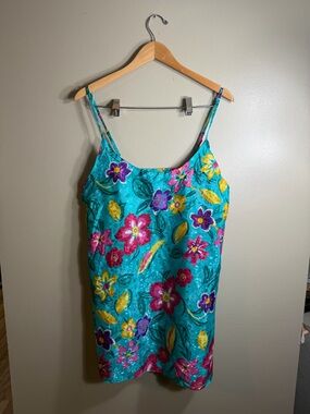 Vintage Y2K Amber Blue Floral Satin Slip Mini Dress Teal Pink Medium